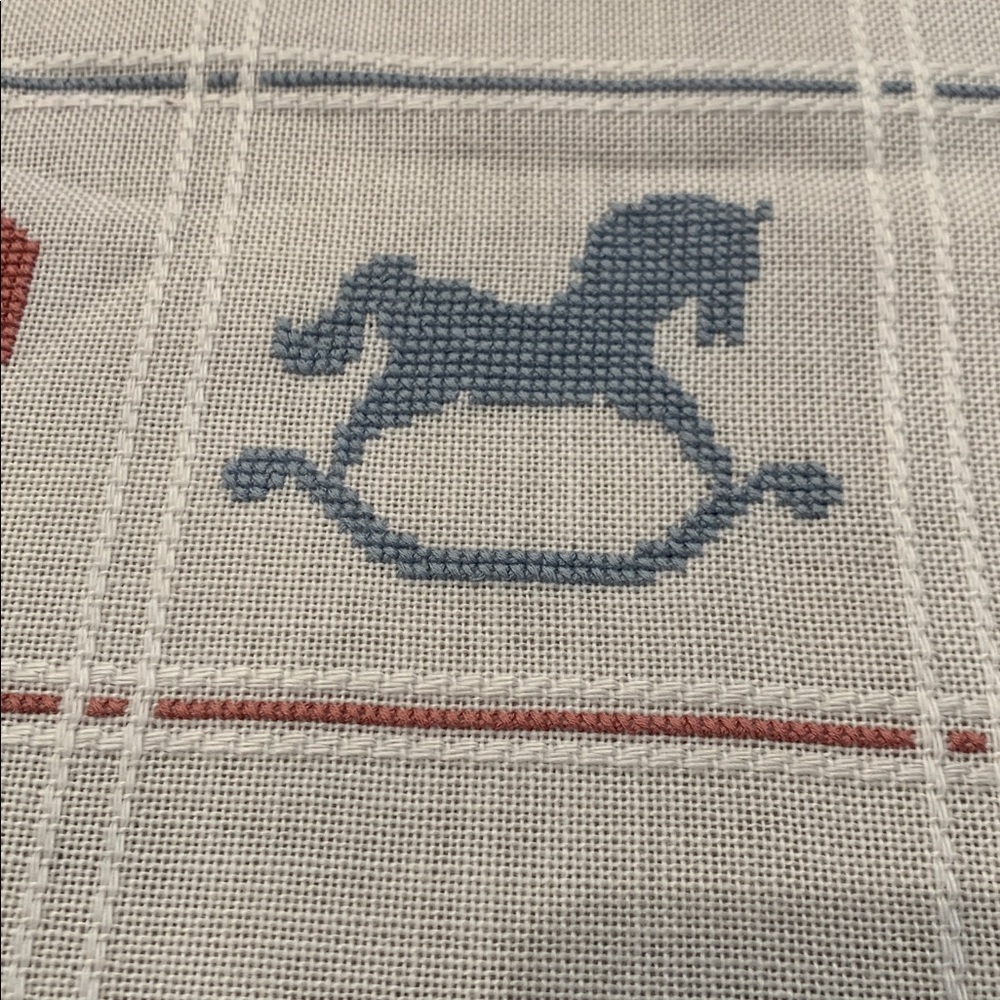 Handmade 48x35 Fringed Blanket or tablecloth with Heart and Rocking Horse Design - Picture 4 of 7